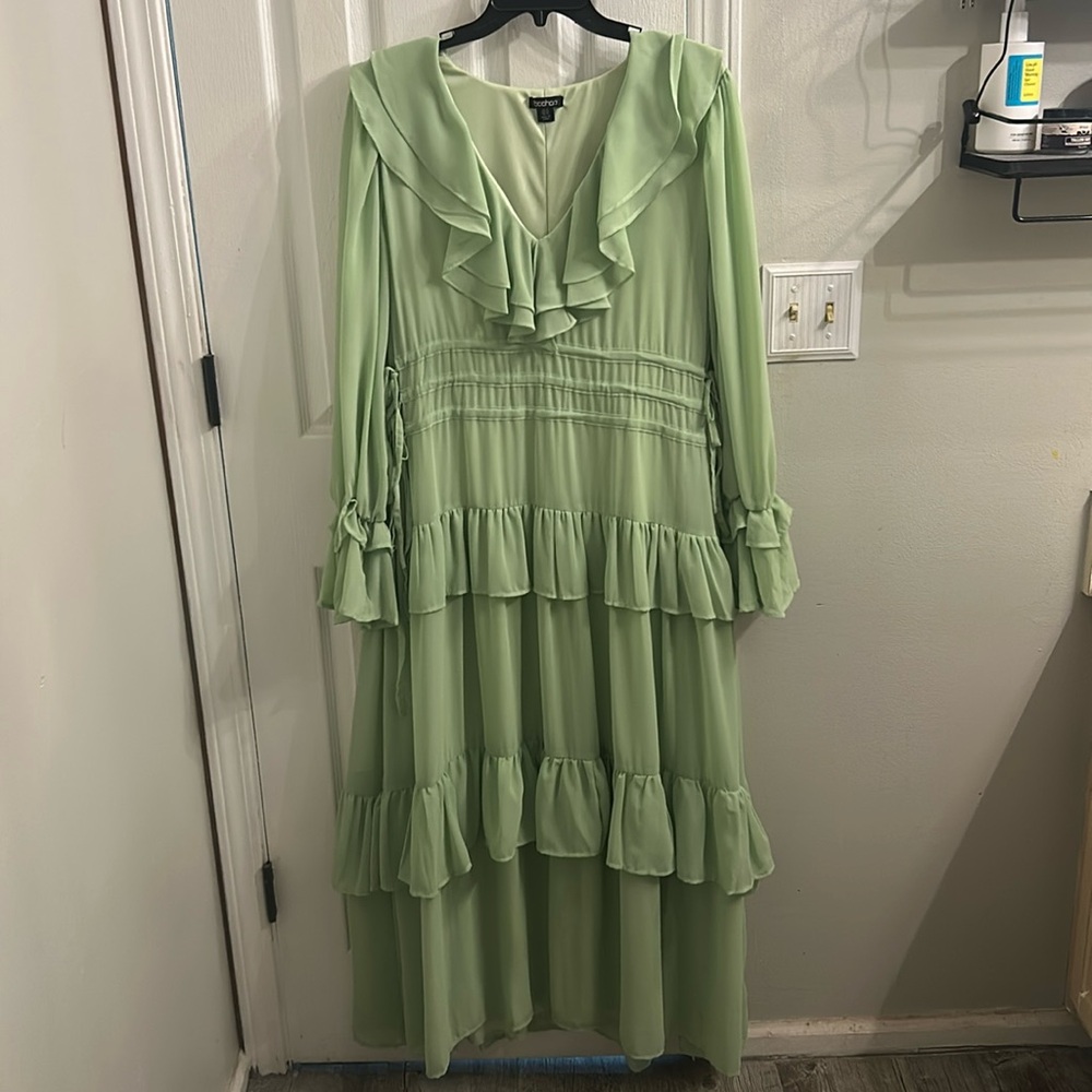 Boohoo Light Green Ruffle Dress